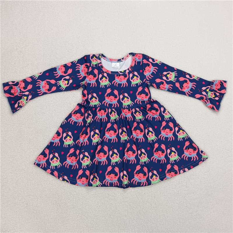 9.19 RTS NO MOQ（In stock）G6-1-3] Baby Girls Winter Dress Crab dark blue long-sleeved dress