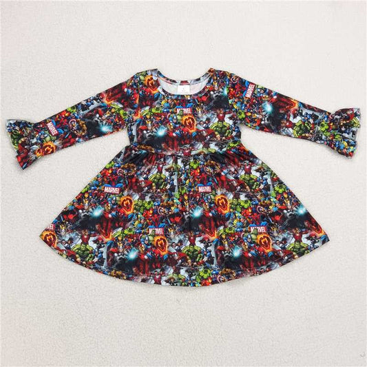 9.25 RTS NO MOQ（In stock）G6-1-3\ Baby Girls Winter Dress Green Monster Iron Man Character Long Sleeve Dress
