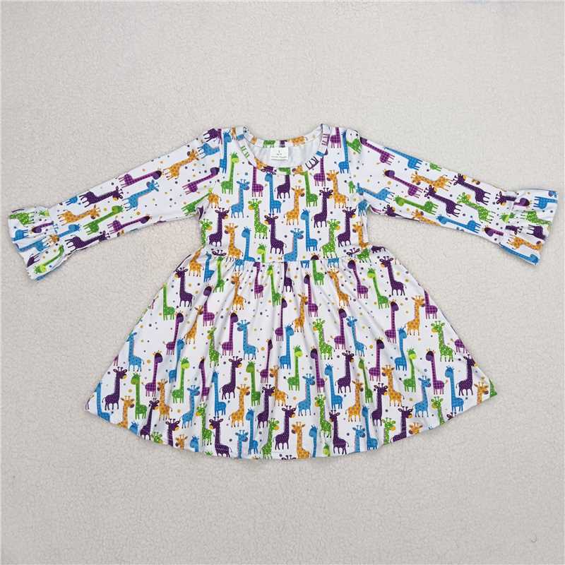 9.25 RTS NO MOQ（In stock）G6-1-3,, Baby Girls Winter Dress Colorful giraffe white long-sleeved dress