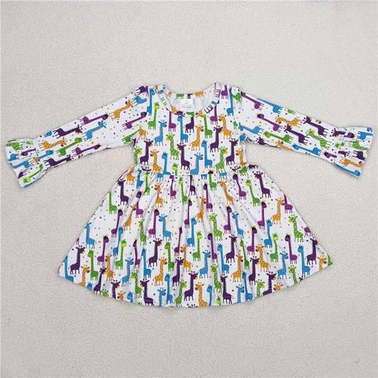 9.25 RTS NO MOQ（In stock）G6-1-3,, Baby Girls Winter Dress Colorful giraffe white long-sleeved dress