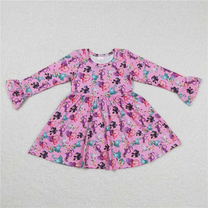 9.25 RTS NO MOQ（In stock）G6-1-3// Baby Girls Winter Dress Colorful Monkey Heart Pink Long Sleeve Dress