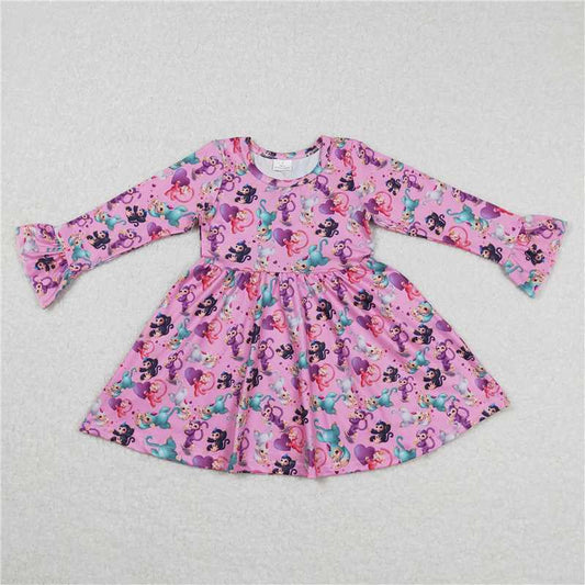 9.25 RTS NO MOQ（In stock）G6-1-3// Baby Girls Winter Dress Colorful Monkey Heart Pink Long Sleeve Dress