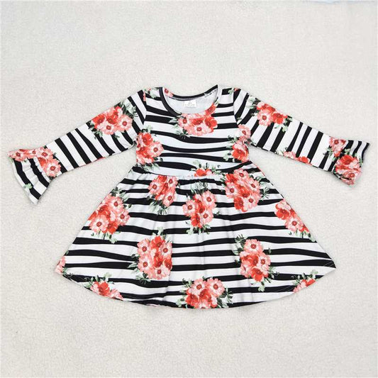 9.25 RTS NO MOQ（In stock）G6-1-3;; Baby Girls Winter Dress Pink floral black and white striped long-sleeved dress