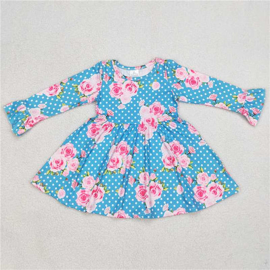 9.18 RTS NO MOQ（In stock）G6-1-3\\ Baby Girls Winter Dress Baby Girls Pink flower and green leaf polka dot blue long-sleeved dress