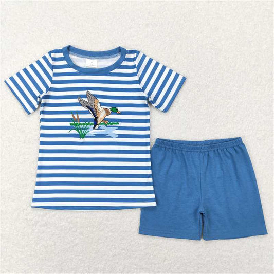 BSSO308 Baby Boys Blue Stripes Duck Tee Shirts Tops Shorts Clothing Sets
