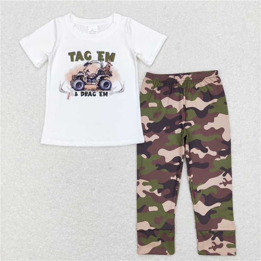 BSPO0234 Baby Boys Tractor White Tee Shirt Top Camo Pants Clothes Sets