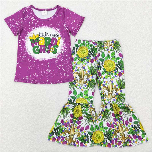 12.17 RTS NO MOQ （In stock）GSPO1171 Baby Girls Little Miss Mardi Gras Tee Shirts Bell Pants Clothes Sets
