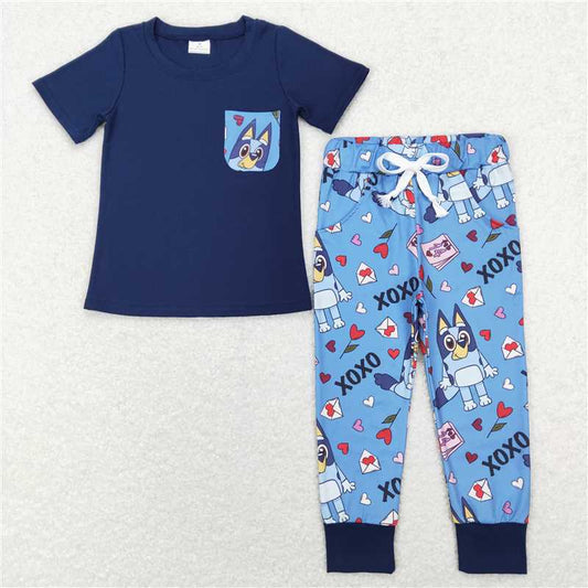 BSPO0271  Baby Boys Valentines Navy Dog Hearts Short Sleeve Shirts Pants Clothes Sets