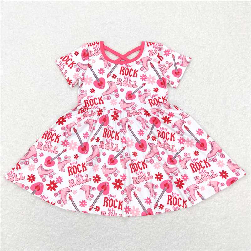 GSD0624 Short sleeves floral guitar roller skates girls dresses
