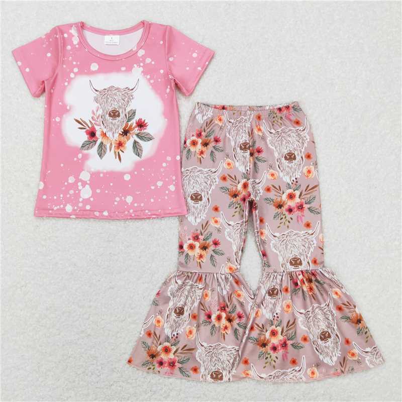 GSPO1079 Flower alpine bull head pink short-sleeved brown trousers suit