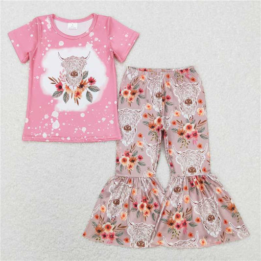 GSPO1079 Flower alpine bull head pink short-sleeved brown trousers suit