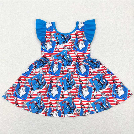 GSD0567  Flutter sleeves blue red stripe cat hat girls dresses