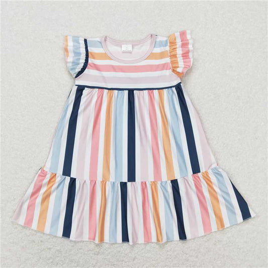 GSD0564  Flutter sleeves colorful stripe kids girls summer dresses
