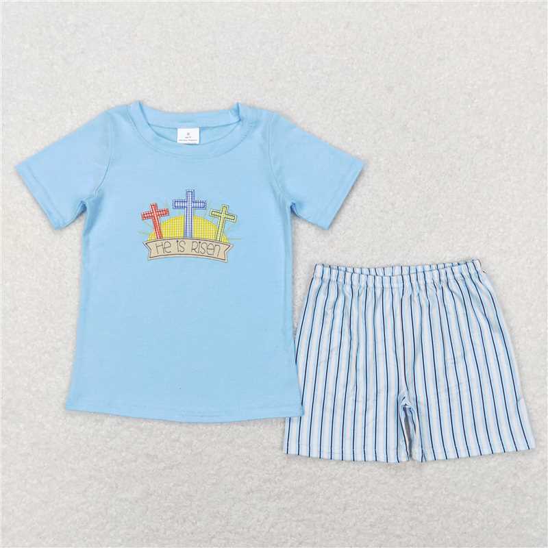BSSO0356 Baby Boys embroidery Easter He Is Risen Cross Short Sleeve Top Short Clothes Sets