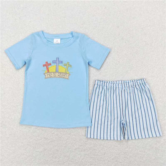 BSSO0356 Baby Boys embroidery Easter He Is Risen Cross Short Sleeve Top Short Clothes Sets