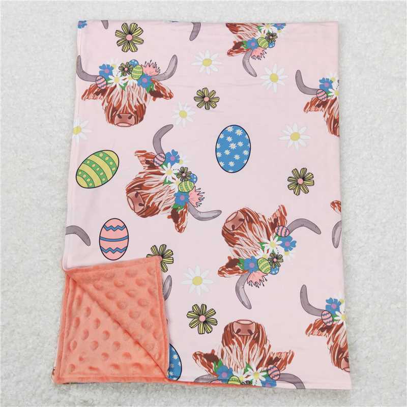 BL0095  Baby Girls Easter Pink Highland Cow Eggs Minky Blankets