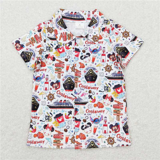 BT0490 Baby Boys Summer Sea Ships Fishes Buttons Short Sleeve Tee Shirts