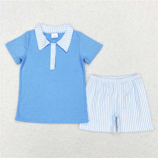 BSSO0402 Baby Boys Blue Buttons Top Blue Stripes Shorts Outfits Clothing Sets