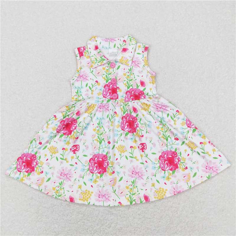 GSD0546 RTS NO MOQ Baby Girls Summer Dress  Baby Girls Pink Flowers Sleeveless Spring Knee Length Dresses