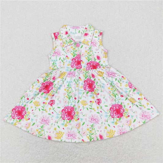GSD0546 RTS NO MOQ Baby Girls Summer Dress  Baby Girls Pink Flowers Sleeveless Spring Knee Length Dresses