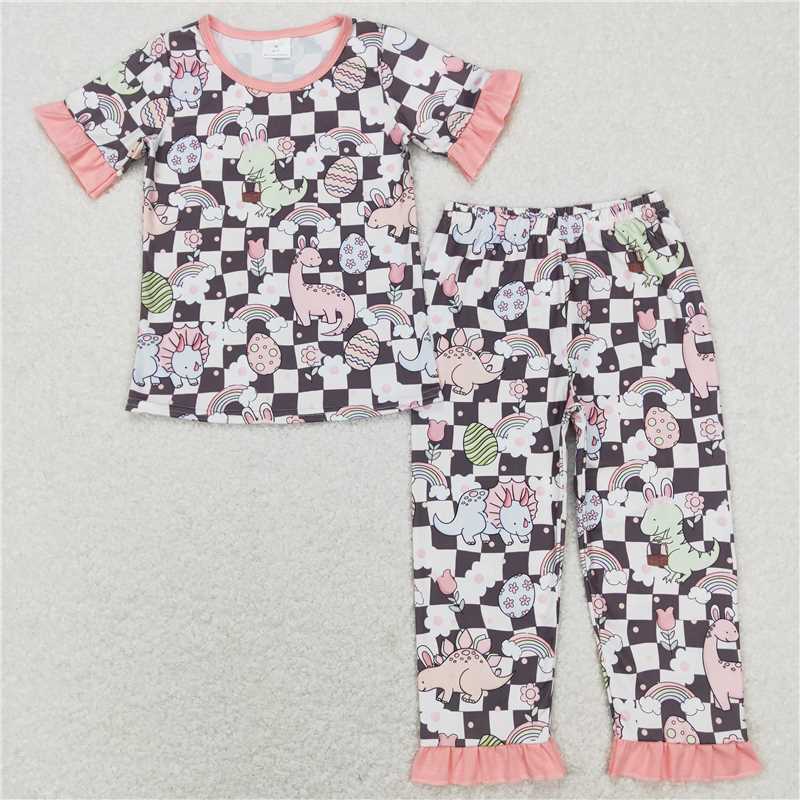 GSPO1203 Dinosaur rainbow flower Easter egg plaid pink lace short-sleeved trousers suit