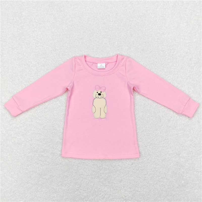 GT0408  Baby Girls Long Sleeve Pink Valentines Dogs Bow Tee Shirt Tops