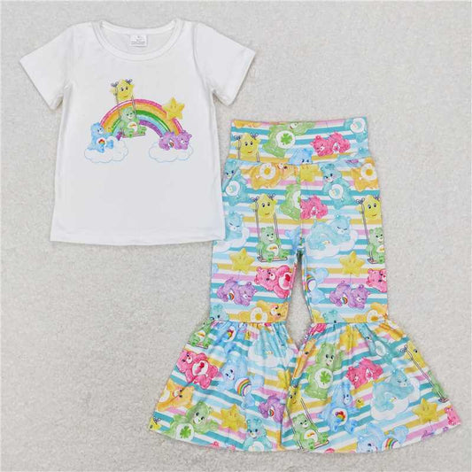 GSPO1189 Cartoon bear star rainbow white short-sleeved colorful striped trousers suit