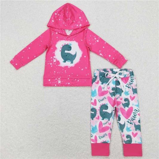 11.12 RTS NO MOQ （In stock）Matching Valentines GLP1107 Baby Girls Valentines Pink Hearts Dinosaurs Hooded Top Pants Clothes Sets