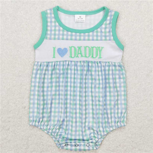 SR0714 Baby Infant Boys I Love Daddy Blue Checkered Sleeveless Rompers