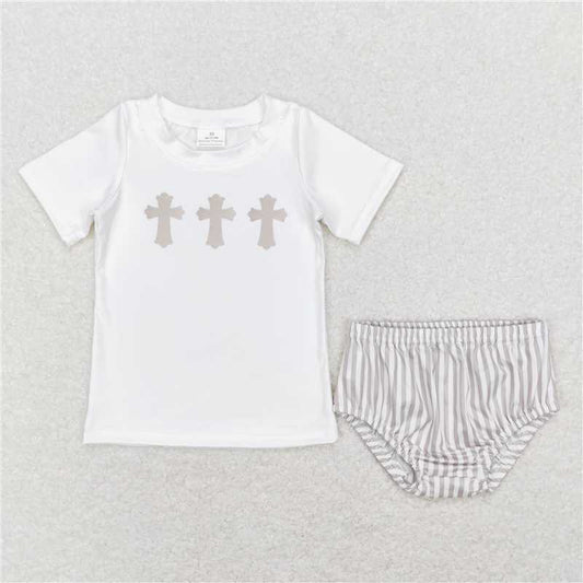 GBO0211  Baby Boys Easter Cross White Shirt Tee Bummies Clothes Sets