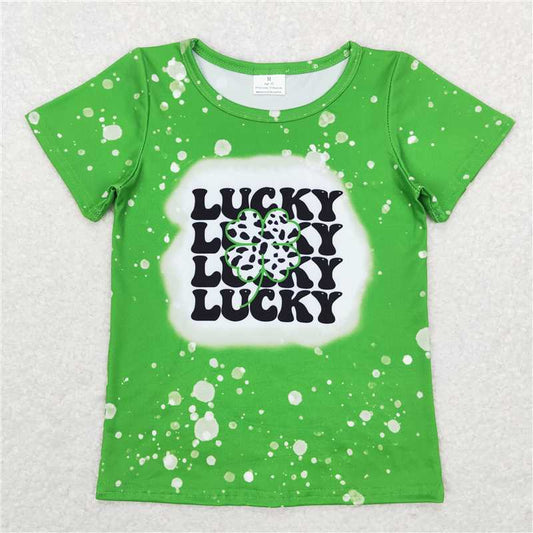 GT0420  Green bleached lucky clover girls st patrick's day shirt