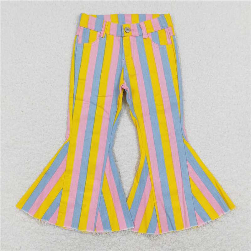 P0332 Baby Girls Easter Colorful Stripes Bell Denim Pants