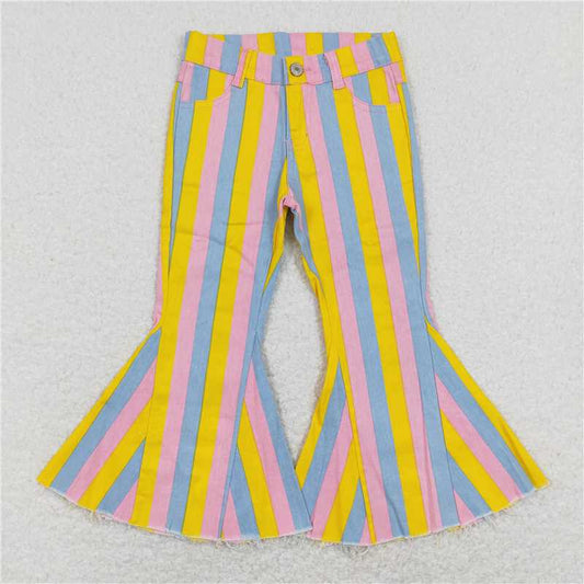 P0332 Baby Girls Easter Colorful Stripes Bell Denim Pants
