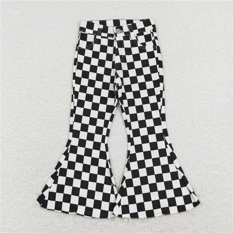 USA Shop (in stock)P0349 Sibling Girls Boys Checkered Denim Adjustble Waistband Jeand Pants