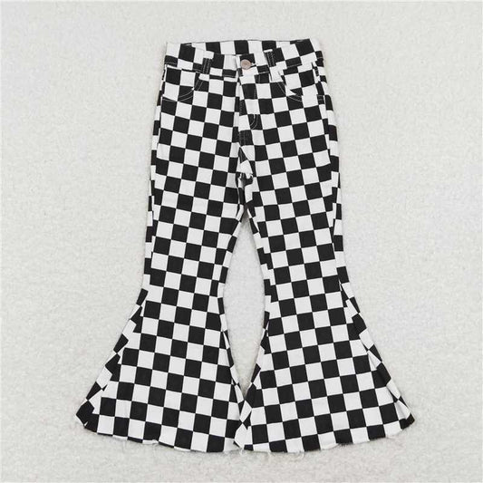 USA Shop (in stock)P0349 Sibling Girls Boys Checkered Denim Adjustble Waistband Jeand Pants