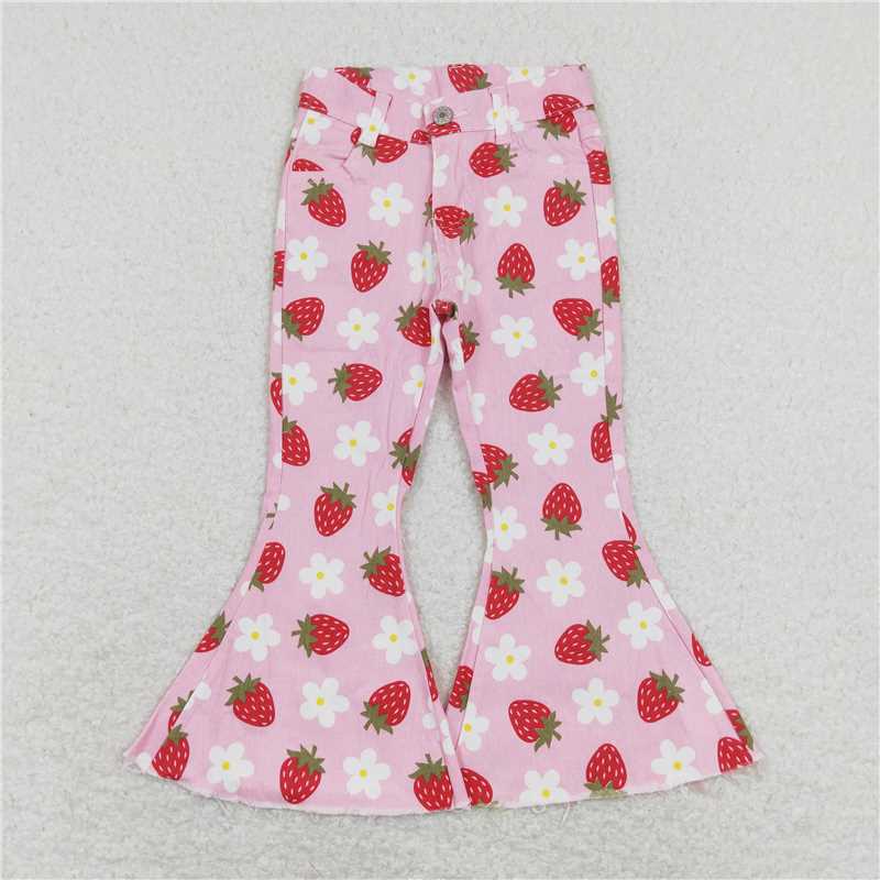 P0396  Baby Girls Strawberry Flowers Spring Denim Pants Jeans