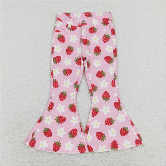 P0396  Baby Girls Strawberry Flowers Spring Denim Pants Jeans