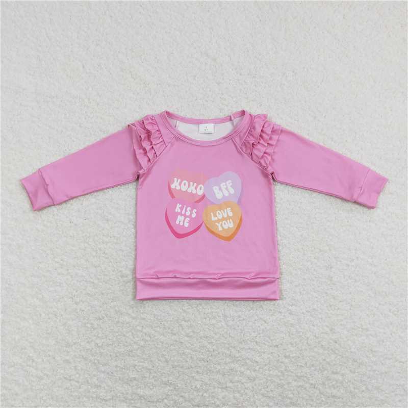 GT0425  Baby Girls Valentines XOXO Pink Ruffle Long Sleeve Tee Shirts Tops