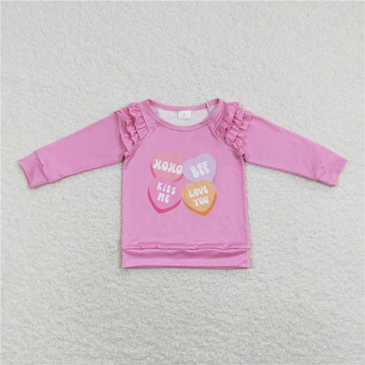 GT0425  Baby Girls Valentines XOXO Pink Ruffle Long Sleeve Tee Shirts Tops