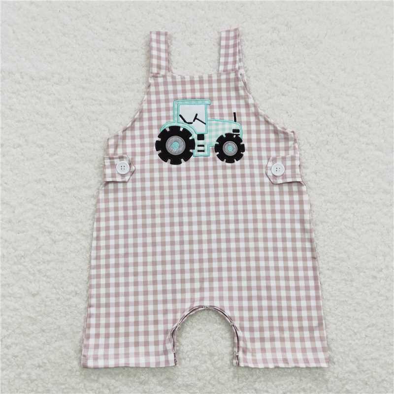 SR0631 RTS NO MOQ Baby Boys Summer Rompers Baby Infant Boys Straps Tractor Khaki Chekered Summer Farm Rompers