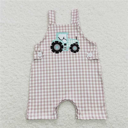 SR0631 RTS NO MOQ Baby Boys Summer Rompers Baby Infant Boys Straps Tractor Khaki Chekered Summer Farm Rompers