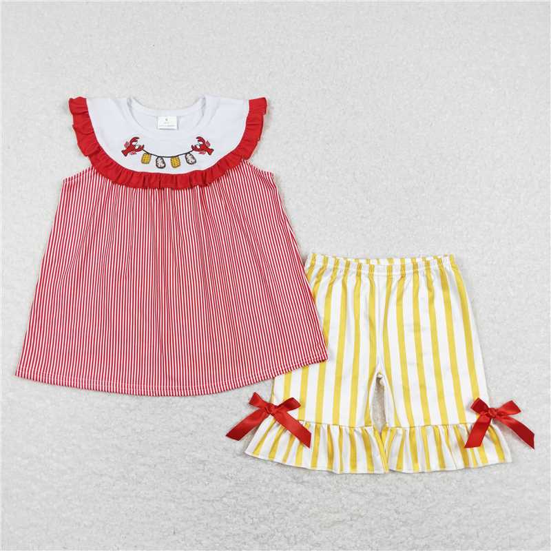 12.30 RTS NO MOQ （In stock）Matching GSSO0453 Baby Girls Crawfish Boiled Tops Bows Shorts Clothes Sets
