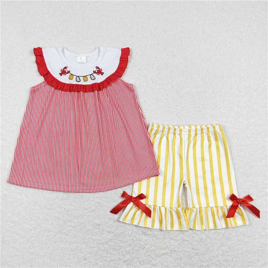 12.30 RTS NO MOQ （In stock）Matching GSSO0453 Baby Girls Crawfish Boiled Tops Bows Shorts Clothes Sets
