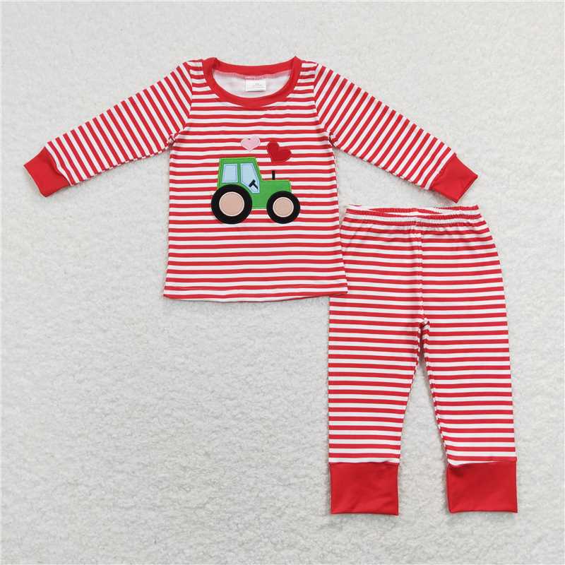 BLP0438 Red stripe truck heart long sleeves boys valentine's pajamas