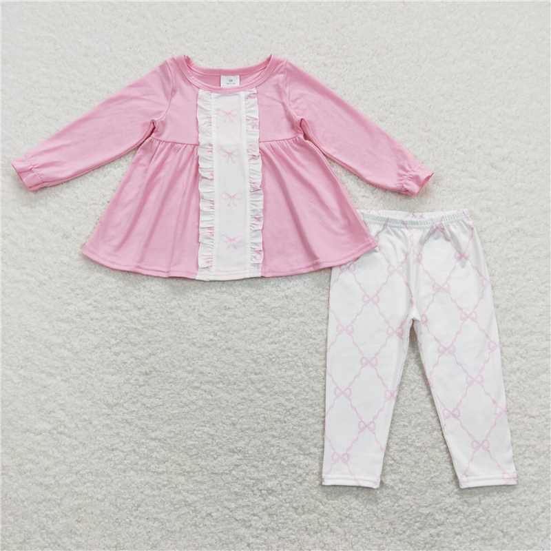 GLP1134Pink bow tunic leggings girls clothing set