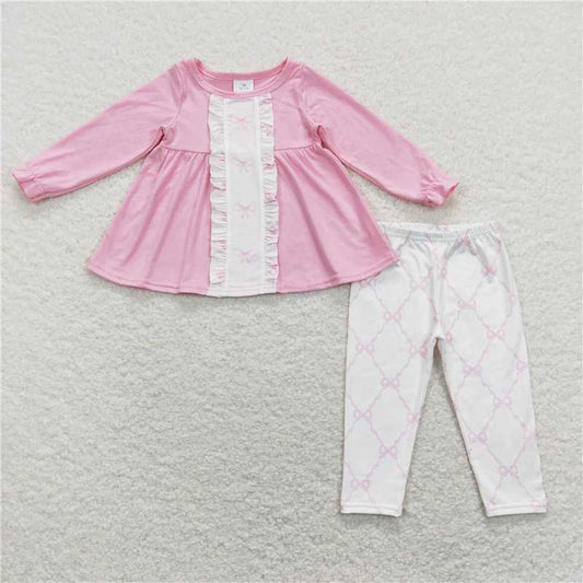 GLP1134Pink bow tunic leggings girls clothing set