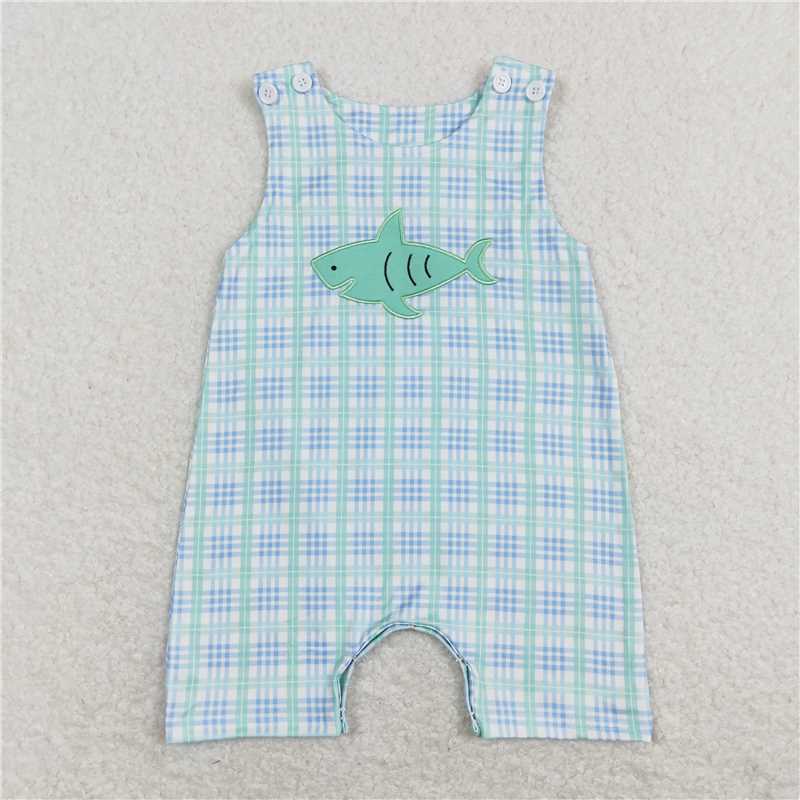 SR0651 RTS NO MOQ Baby Boys Summer Rompers Baby Infant Boys Toddler Shark Blue Checkered Short Sleeve Rompers