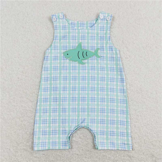 SR0651 RTS NO MOQ Baby Boys Summer Rompers Baby Infant Boys Toddler Shark Blue Checkered Short Sleeve Rompers
