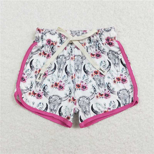 SS0122  Baby Girls Cow Skull Flowers Western Pink Shorts
