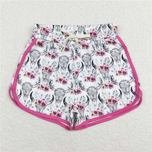 SS0127  Adult Women White Cowskull Western Summer Shorts